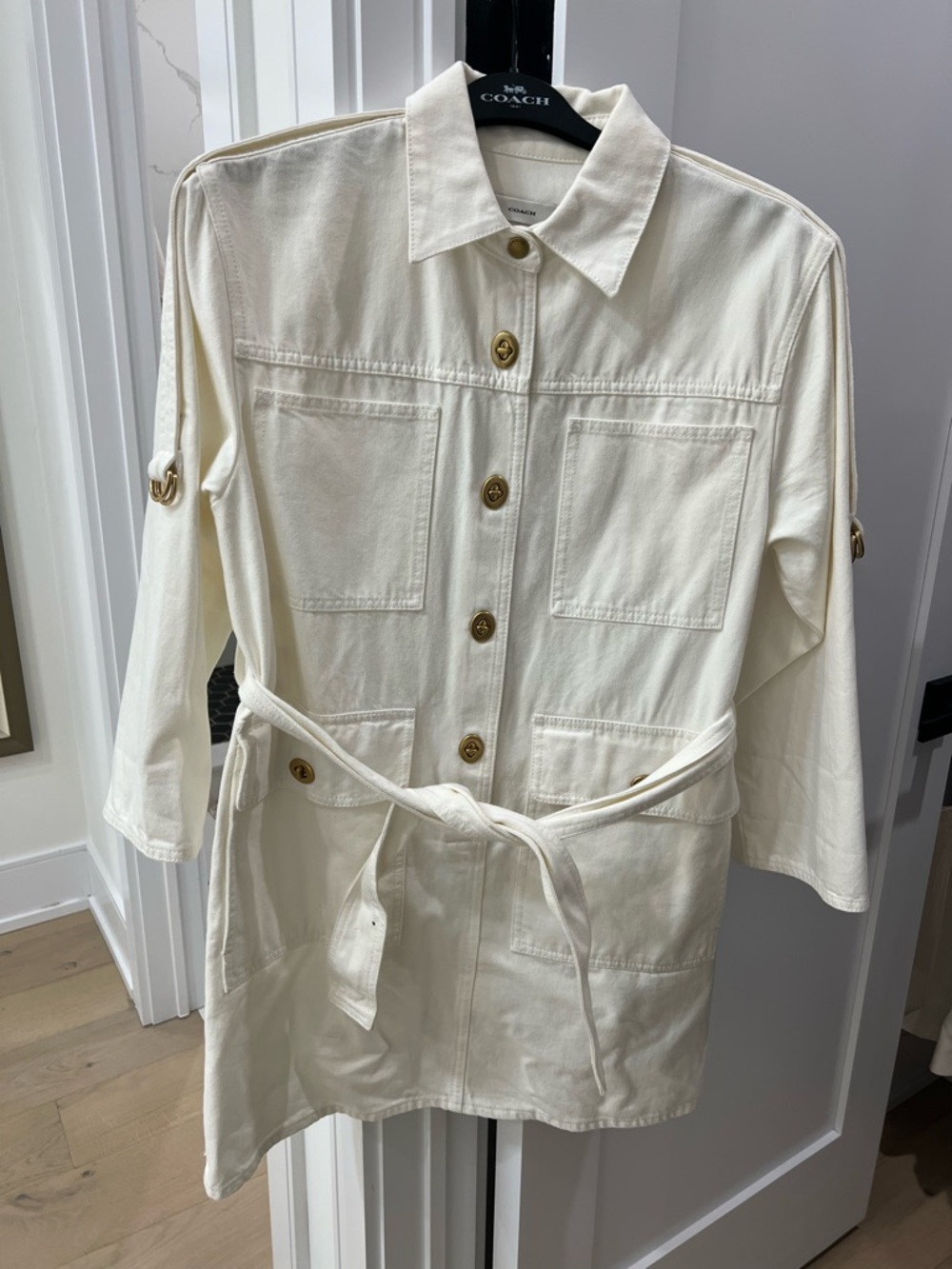 Coach Ivory Button-Front denim utility Dress Jacket with Structured Collar
